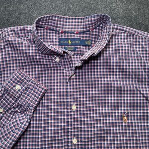 Ralph Lauren Button Down Men 2XB Blue Red Plaid Excellent Cotton Stretch Pony